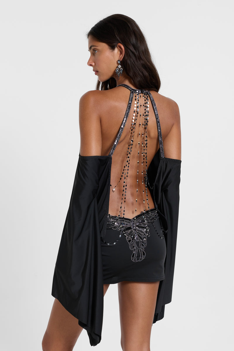 Alula Embellished Butterfly Mini Dress in Black – view 3